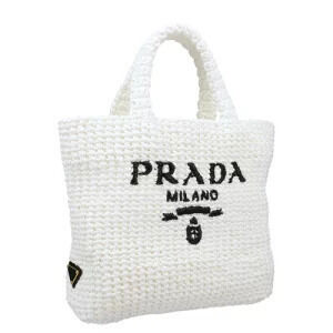 Prada BIANCO White V Bag Tote Crochet OOL